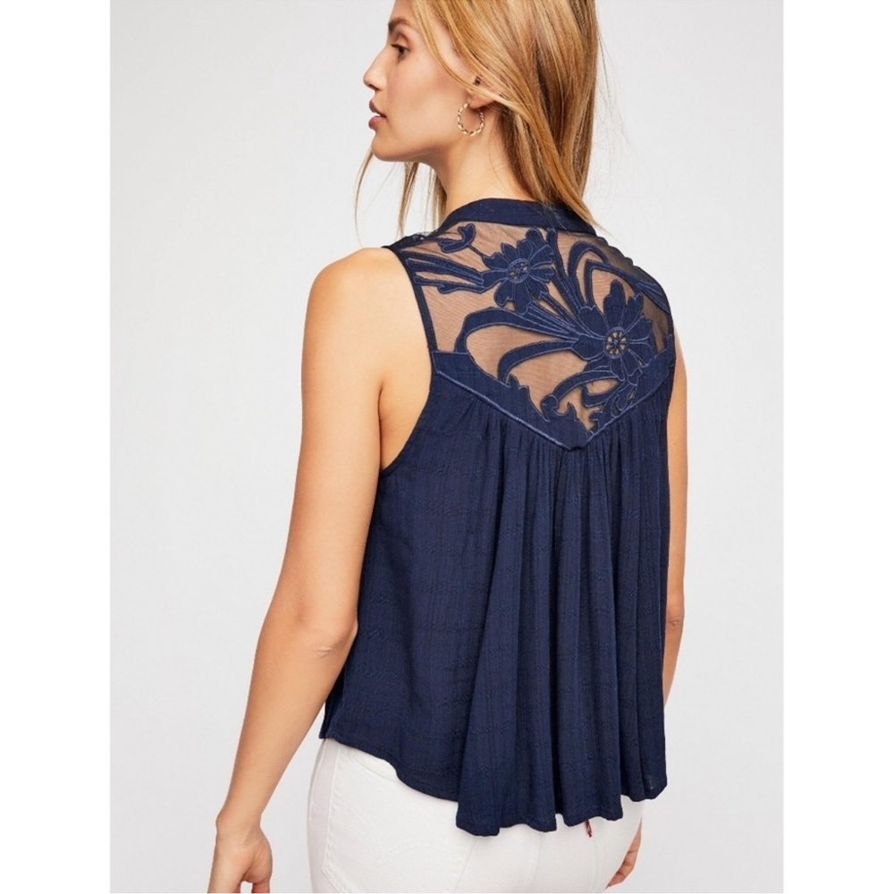 Free People Western Romance Mesh Lace Applique Tank Top Blouse Women's large - Picture 2 of 8